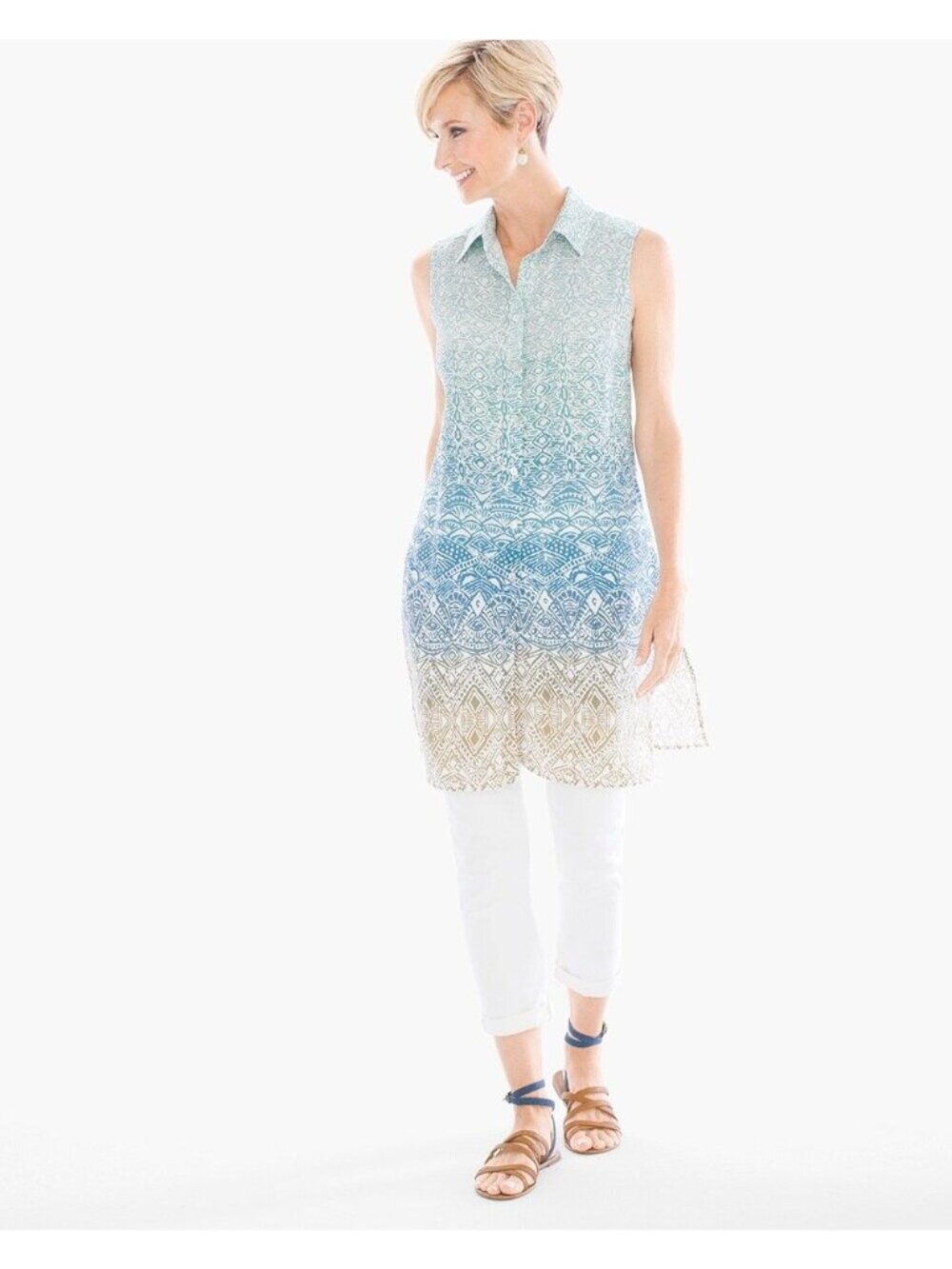Chico's Tunic Medium Stamped Ombre Linen Side Slit Blue Beige Linen Coastal Boho